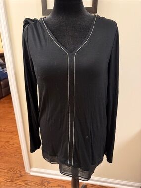 White House Black Market Black V-Neck Long Sleeve Top with Contrast Trim